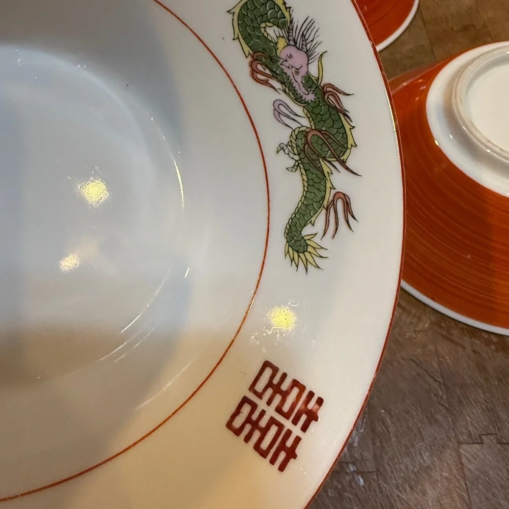 Vintage Chinese Ceramic Ramen Soup Bowls Hand Painted Dragon Dishes Japan